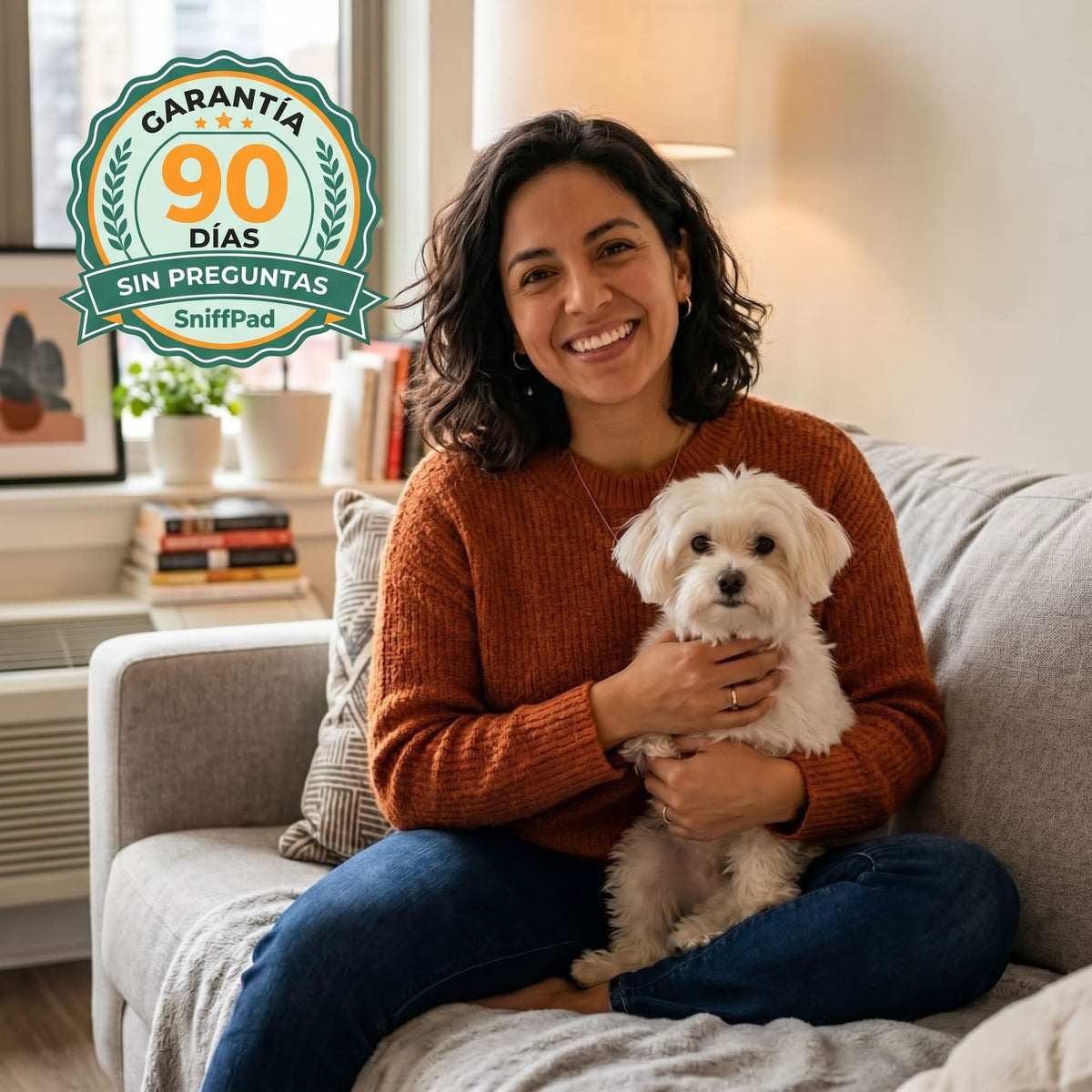 Mujer sonriendo en el sofá con su perro blanco y el sello de garantía de 90 días sin preguntas de SniffPad