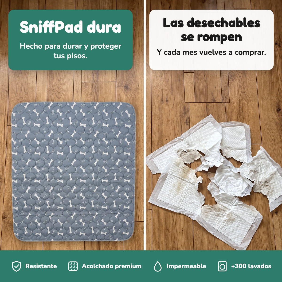 Tapete lavable SniffPad junto a tapetes desechables rotos: resistente, acolchado premium, impermeable y más de 300 lavados