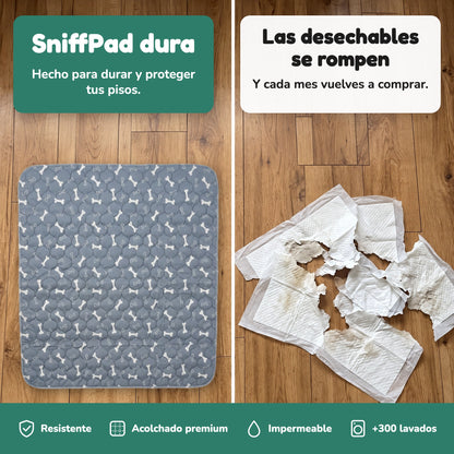 Tapete lavable SniffPad junto a tapetes desechables rotos: resistente, acolchado premium, impermeable y más de 300 lavados