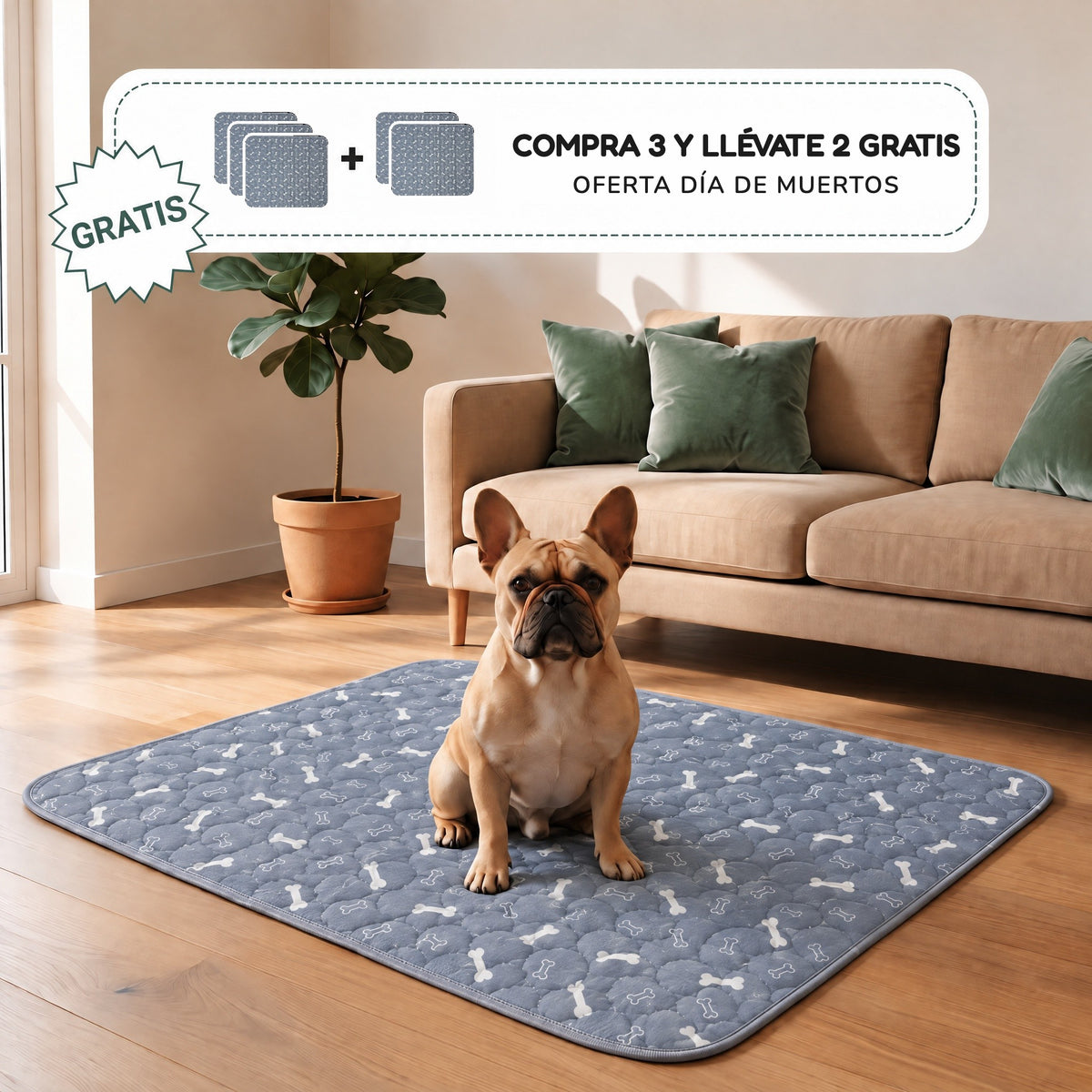 Tapete entrenador lavable para perros SniffPad con un bulldog francés encima. Oferta Día de Muertos: compra 3 y llévate 2 gratis