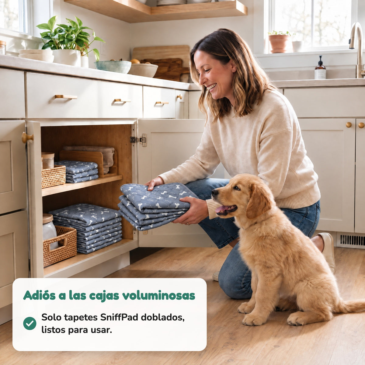 Mujer guardando tapetes SniffPad doblados en el clóset, sin cajas voluminosas