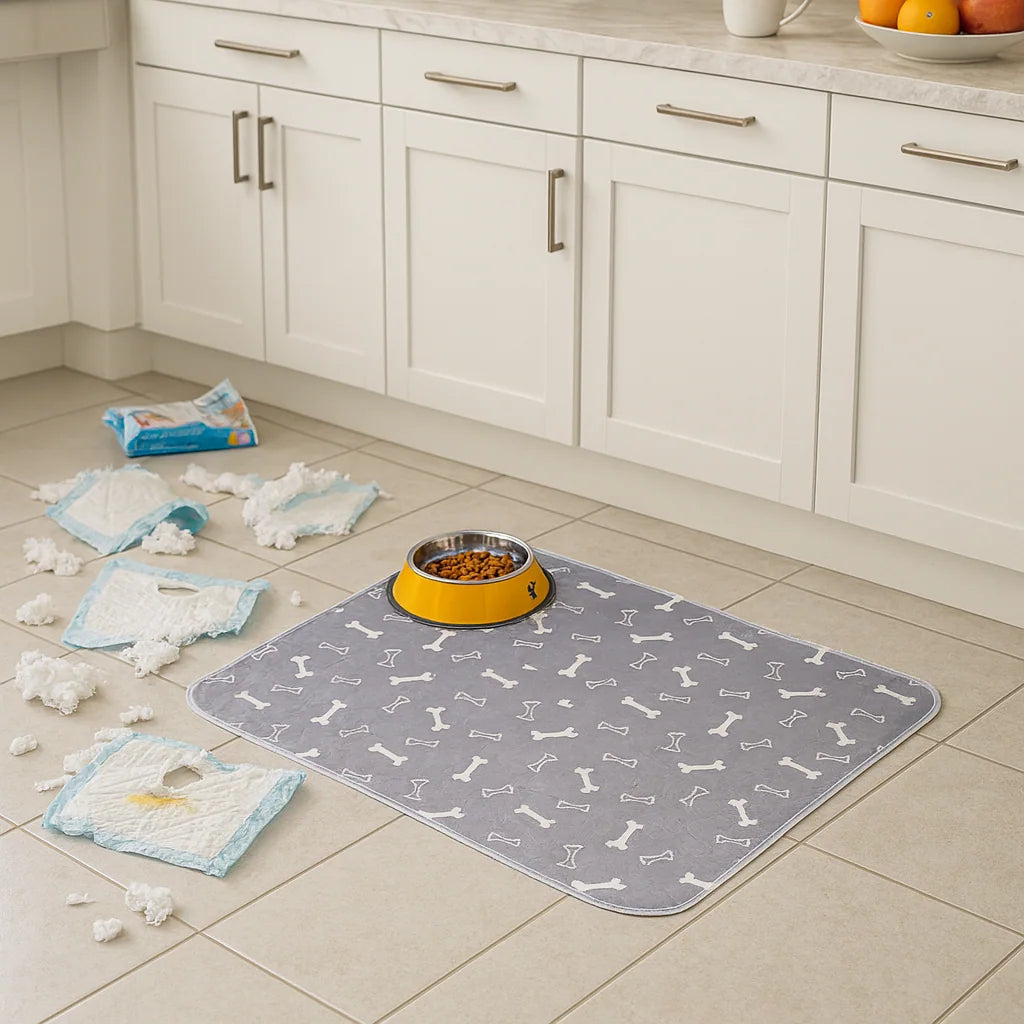 Tapete SniffPad gris con huesos junto al plato de comida de un perro, con pañales desechables rotos por el suelo de la cocina